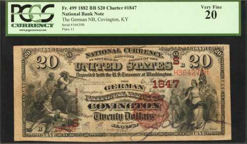 Covington, Kentucky. $20 1882 Brown Back. Fr. 499. The German NB. Charter #1847. PCGS Very Fine 20.