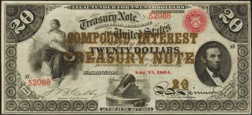 Fr. 191a (W-1953). 1864 $20 Compound Interest Treasury Note. PCGS Extremely Fine 40.