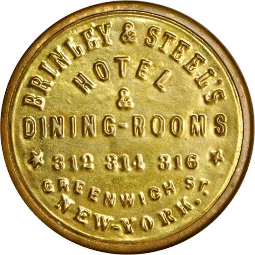 New York, New York. 1868 Brinley & Steels Hotel & Dining Rooms. Bowers NY-3900. Gilt brass. 34 mm. M