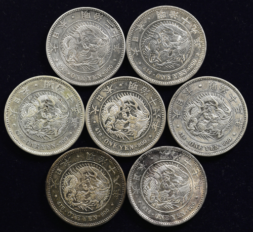 日本 一圆银货 明治13年、明治15年、明治16年、明治17年、明治18年、明治19年、明治20年  计7枚组 7pcs 返品不可 要下见 Sold as is No returns VF+~EF+