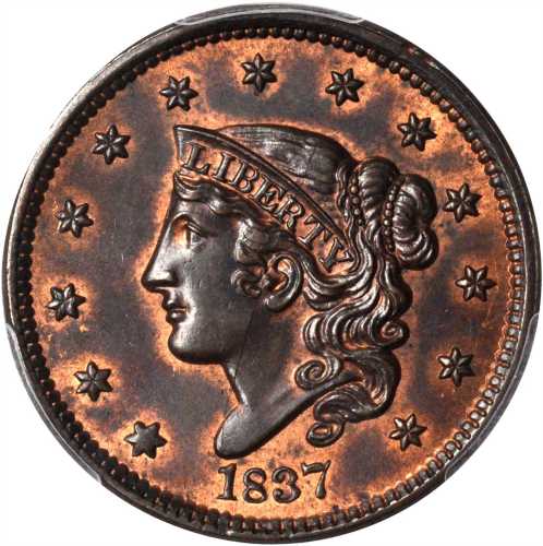 1837 Modified Matron Head Cent. N-9. Rarity-1. Head of 1838. MS-63 RB (PCGS). Gold Shield Holder.