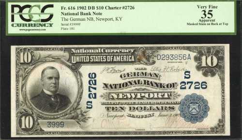 Newport, Kentucky. $10 1902 Date Back. F616. The German NB. Charter #2726. PCGS Very Fine 35 Apparen