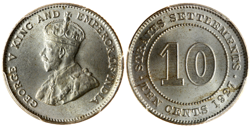 1927年海峡殖民地10分银币，PCGS MS66, 高评分漂亮的钱币