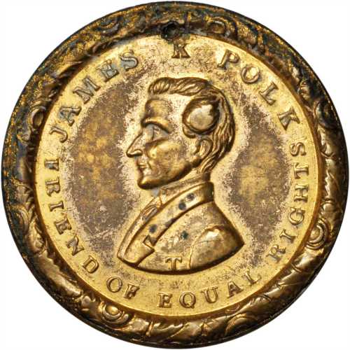 1844 James K. Polk. DeWitt-JP 1844-6. Gilt brass shells. 25.7 mm. Choice Extremely Fine, pierced.