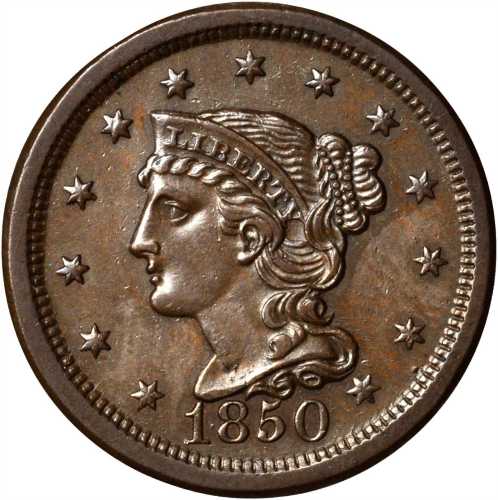 1850 Braided Hair Cent. N-19, 16. Rarity-2. AU-55.