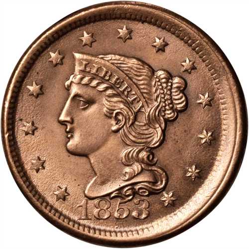 1853 Braided Hair Cent. N-19. Rarity-1. MS-60 Altered Surfaces.