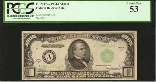 Fr. 2212-A. 1934A $1000 Federal Reserve Note. Boston. PCGS About New 53.