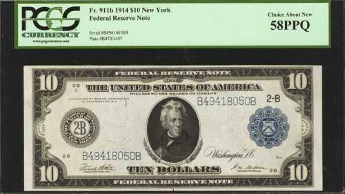 Fr. 911b. 1914 $10 Federal Reserve Note. New York. PCGS Choice About New 58 PPQ.