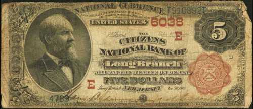 Long Branch, New Jersey. $5 1882 Brown Back. Fr. 477. The Citizens NB. Charter #6038. Very Good.