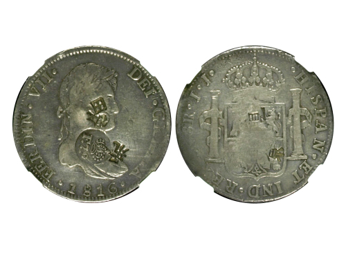 1834年墨西哥1816年8 Reals 银币(加盖菲律宾)，NGC VF Details。Ray Czahor藏品