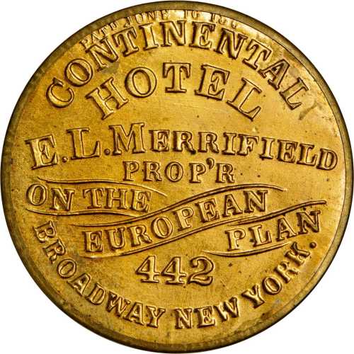 New York, New York. E.L. Merrifield, Continental Hotel. Mirror. Bowers NY-6780. Gilt brass. 38 mm. M