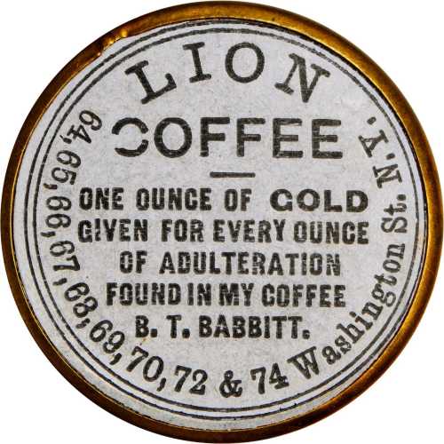 New York, New York. 1868 B.T. Babbitt, Lion Coffee. Bowers NY-3600. Gilt brass. 34 mm. Choice Uncirc