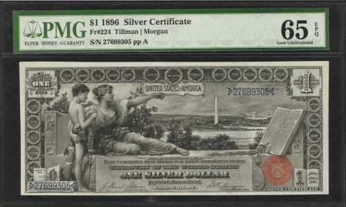 Fr. 224. 1896 $1 Silver Certificate. PMG Gem Uncirculated 65 EPQ.