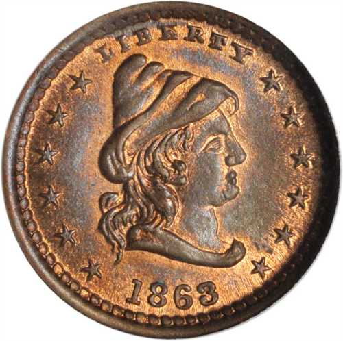 1863 Conical Cap Head / Our Army. Fuld-45/332 d. Rarity-6. Copper-Nickel. 19 mm. MS-65 (NGC).