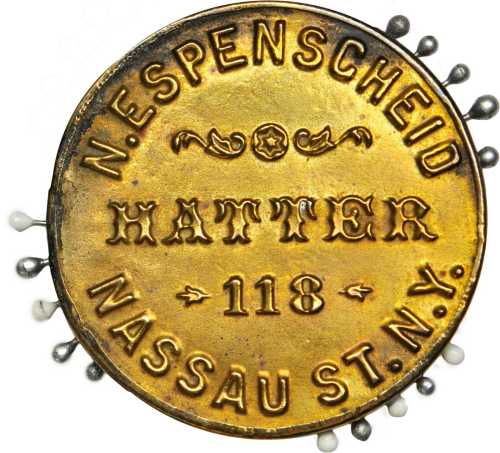 New York, New York. N. Espenscheid. Pincushion mirror. Bowers NY-4962. Gilt brass. 38 mm. Mint State