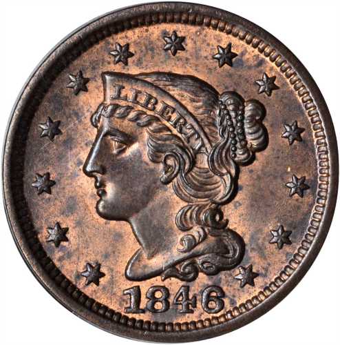 1846 Braided Hair Cent. N-8. Rarity-1. Small Date. MS-64 RB (PCGS).