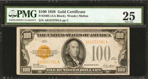 Fr. 2405. 1928 $100 Gold Certificate. PMG Very Fine 25.