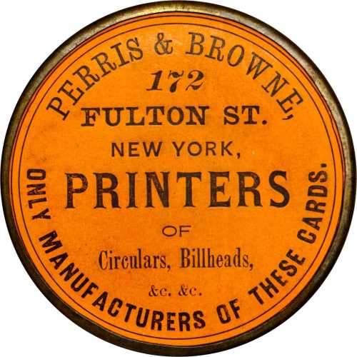 New York, New York. 1867 Perris & Browne. Bowers NY-7140. Silvered brass. 38 mm. Mint State.