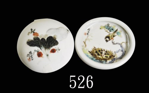 刘雨岑花鸟瓷质水洗及陆云山印盒Porcelain Brush Wash & Seal Box, 2pcs, 95x95mm & 78x78mm