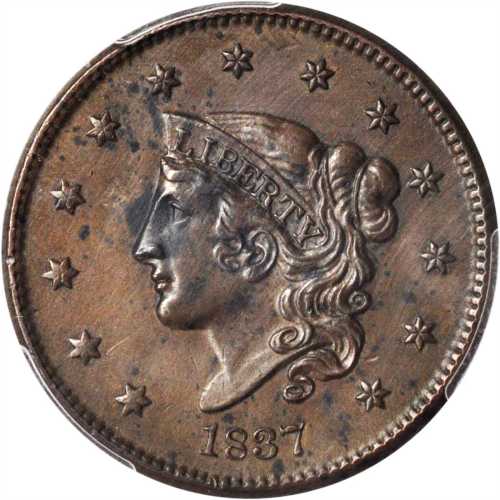 1837 Modified Matron Head Cent. N-3. Rarity-1. Plain Cord, Medium Letters. AU Details--Environmental