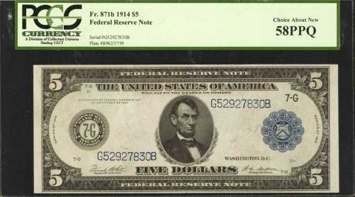 Fr. 871b. 1914 $5 Federal Reserve Note. Chicago. PCGS Choice About New 58 PPQ.