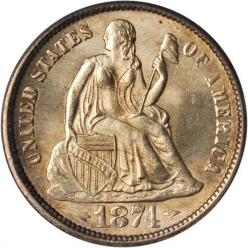 1874-S Liberty Seated Dime. Arrows. Fortin-101. Rarity-4. Micro S. MS-64 (PCGS). CAC.