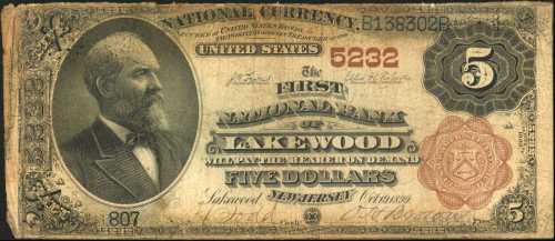 Lakewood, New Jersey. $5 1882 Brown Back. Fr. 477. The First NB. Charter #5232. Very Good.