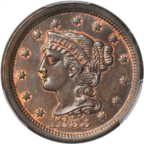 1853 Braided Hair Cent. N-19. Rarity-1. Repunched Date. MS-64 BN (PCGS).