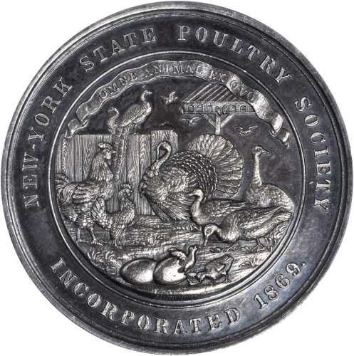1869 New York State Poultry Society Award Medal. Silver. 45.1 mm. 43.1 grams. Awarded to D.L. Leon. 