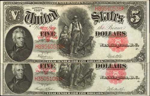 Lot of (2) Fr. 88 & 91. 1907 $5 Legal Tender Notes. Choice Very Fine.