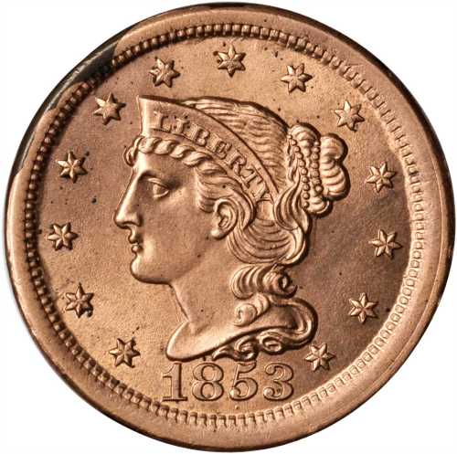 1853 Braided Hair Cent. N-3. Rarity-1. MS-60 Altered Surfaces.