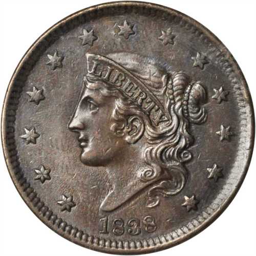 1838 Modified Matron Head Cent. N-7. Rarity-1. AU-53 (ANACS).