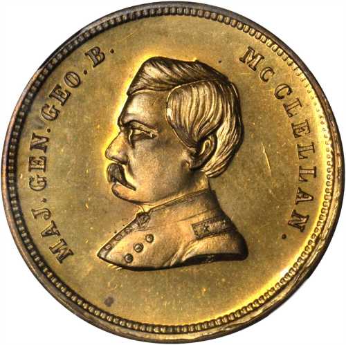 1864 George McClellan. DeWitt-GMcC 1864-23, var. Brass. 28 mm. MS-64 PL (NGC).