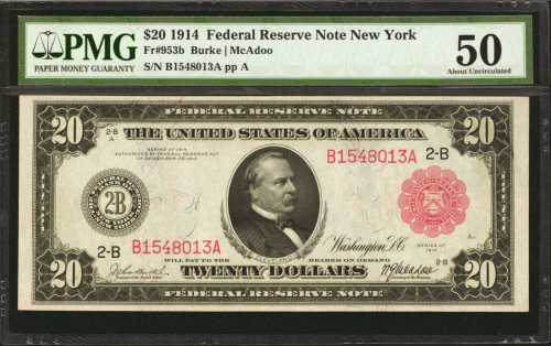 Fr. 953b. 1914 $20 Federal Reserve Note. New York. Red Seal. PMG About Uncirculated 50.