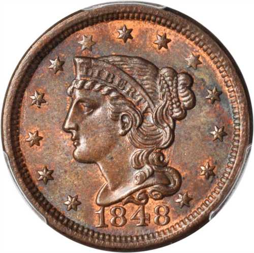 1848 Braided Hair Cent. N-20. Rarity-3. MS-63 RB (PCGS).