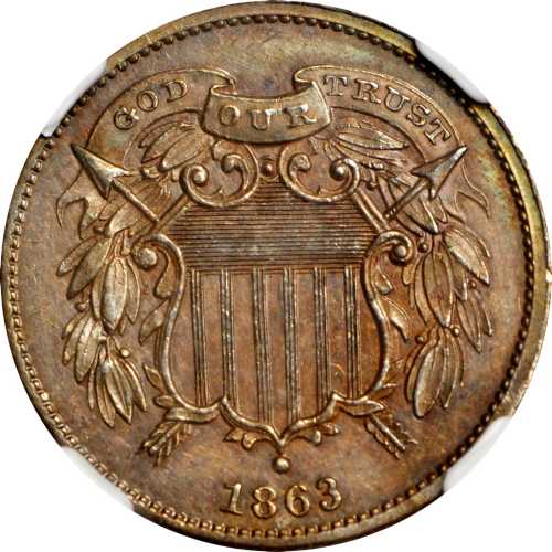 1863 Pattern Two-Cent Piece. Judd-312, Pollock-377. Rarity-4. Bronze. Plain Edge. Proof-62 BN (NGC).