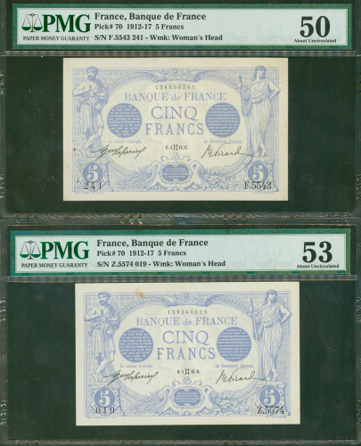 1915年法国银行5法郎2枚一组，编号F.5543 及 Z.5574, 分别评PMG 50及53好品相