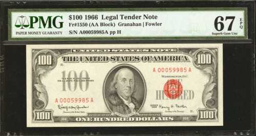 Fr. 1550. 1966 $100 Legal Tender Note. PMG Superb Gem Uncirculated 67 EPQ.