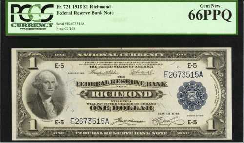 Fr. 721. 1918 $1 Federal Reserve Bank Note. Richmond. PCGS Gem New 66 PPQ.