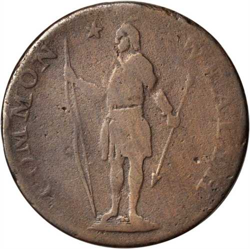 1788 Massachusetts Cent. Ryder 17-I, W-6420. Rarity-7. Period after MASSACHUSETTS. VG-10.