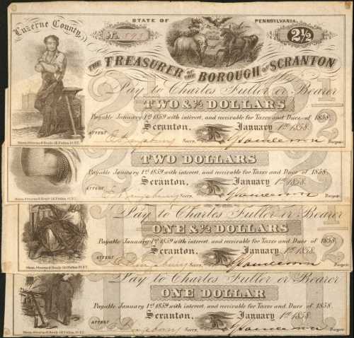 Scranton, Pennsylvania. Treasurer of the Borough of Scranton. $1, $1 1/2, $2 & $2 1/2. Very Fine. Lo