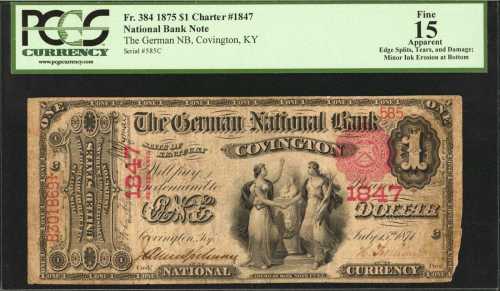 Covington, Kentucky. $1 1875. Fr. 384. The German NB. Charter #1847. PCGS Fine 15 Apparent. Edge Spl