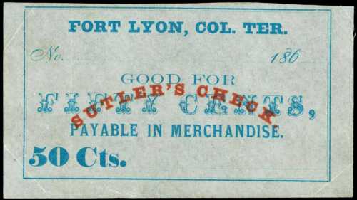 Fort Lyon, Colorado Territory. Sutlers Check. ND (18xx). 50 Cents. Very Fine. Remainder.