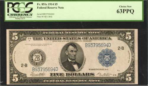 Fr. 851c. 1914 $5 Federal Reserve Note. New York. PCGS Choice New 63 PPQ.