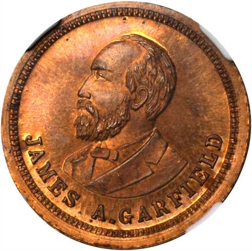 1880 James A. Garfield. DeWitt-JG 1880-14. Copper. Reeded edge. 20 mm. MS-67 RB (NGC).