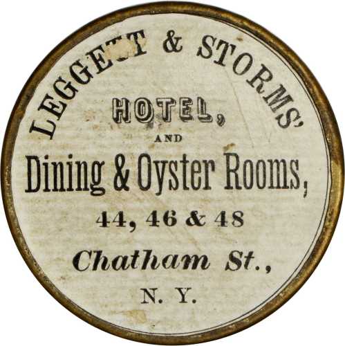 New York, New York. Leggett & Storms Hotel and Dining & Oyster Rooms. Bowers NY-6580. Brass rim, fer
