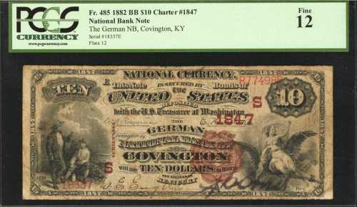 Covington, Kentucky. $10 1882 Brown Back. Fr. 485. The German NB. Charter #1847. PCGS Fine 12.