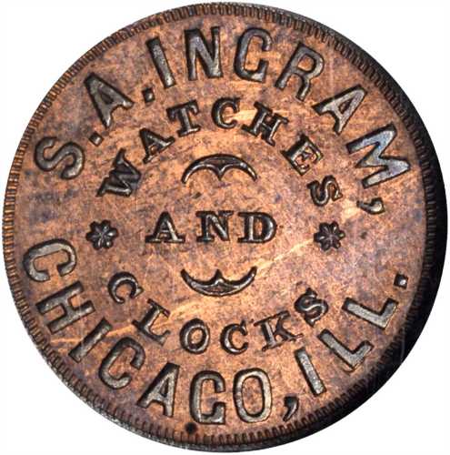 Illinois--Chicago. 1863 S.A. Ingram. Fuld-150AG-3a. Rarity-8. Copper. 19 mm. MS-63 RB (NGC).