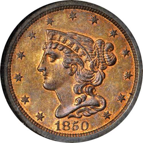 1850 Braided Hair Half Cent. C-1, the only known dies. Rarity-2. MS-64 RB (ANACS). OH.