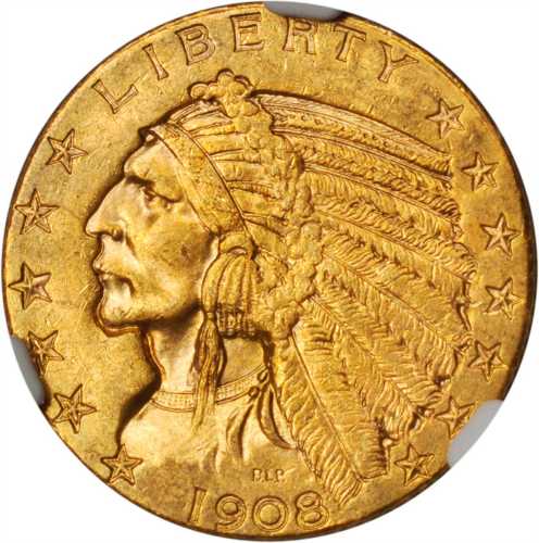 1908-D Indian Half Eagle. MS-63 (NGC).